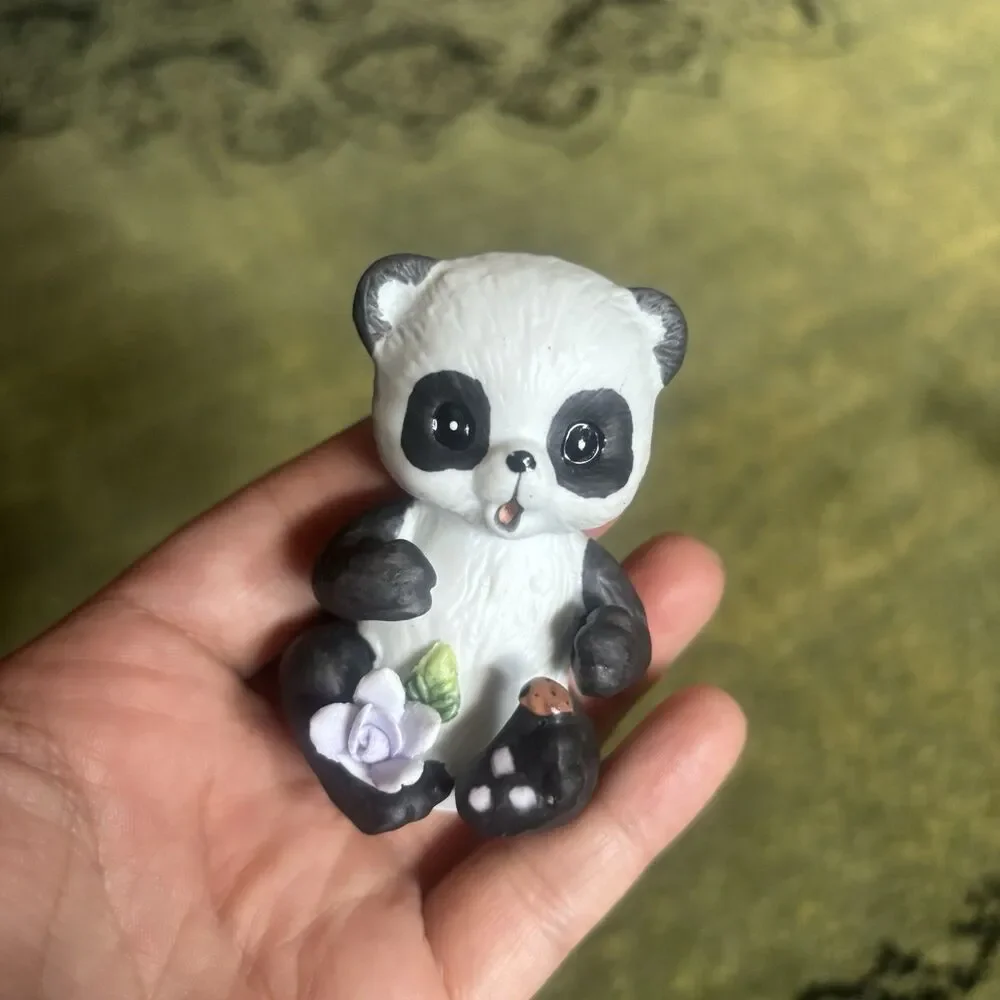 Vintage Ceramic Panda Bear Figurine Holding Flower & Ladybug Taiwan